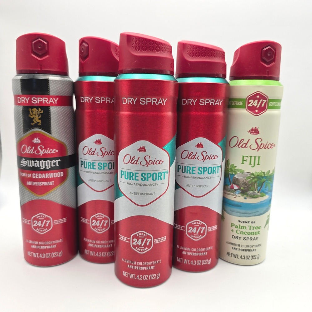Old Spice Dry Spray Antiperspirant 5 Pack Pure Sport Swagger Fiji 4.3oz Cans
